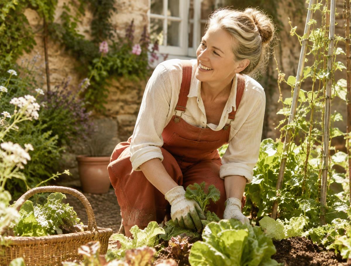 A woman in her fifties enjoying gardening in a sunny vegetable patch